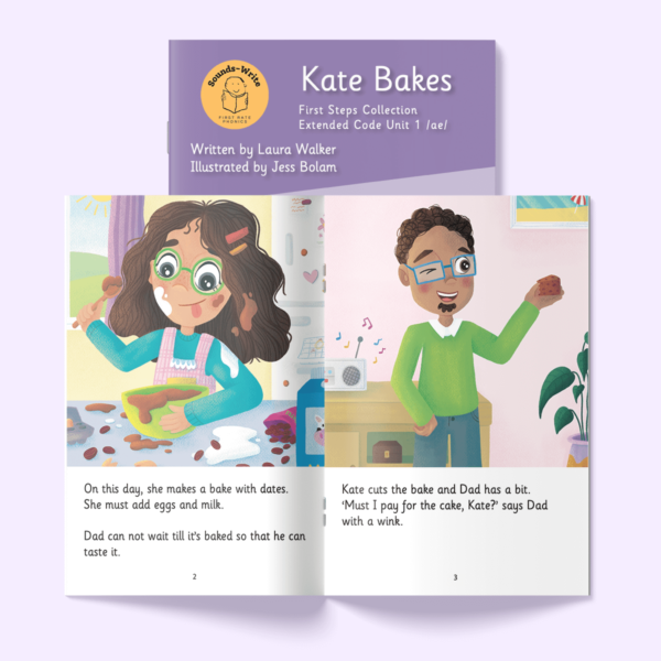Page form book titled 'Kate Bakes'. Text on the page reads: On this day, she makes a cake with dates. She must add eggs and milk. Dad can not wait until it's baked so thet he can taste it. Kate cuts the cake and Dad has a bit. "Must I pay for the cake, Kate?" says Dad with a wink.