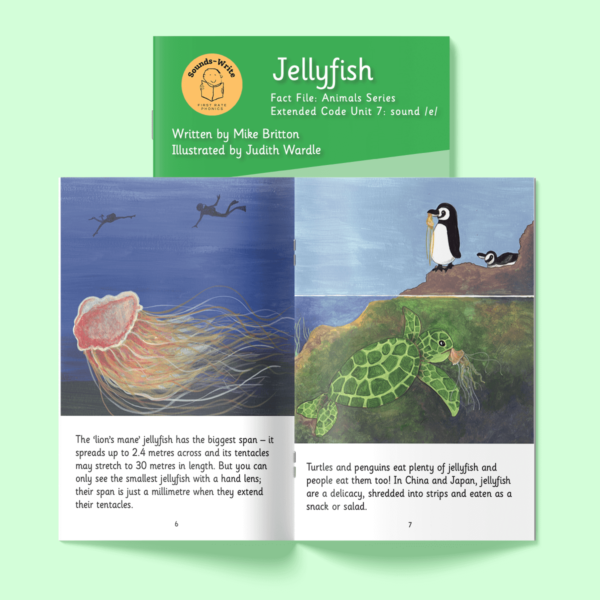 Page from the book 'Jellyfish'. Text on the page reads: The 'lion's mane' jellyfish has the biggest span - it spreads up to 2.4 meters across and its tentacles may stretch to 30 ,meters in length. But you can only see the smallest jellyfish with a hand lens; their span is just a millimetre when they extend their tentacles. Turtles and penguins eat plenty of jellyfish and people eat them too! In China and Japan, jellyfish are a delicacy, shredded into strips and eaten as a snack or salad.