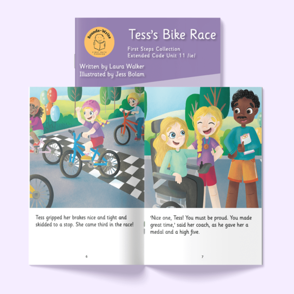 Page from the book 'Tess's Bike Race'. Text on the page reads: Tess gripped her brakes nice and tight and skidded to a stop. She came third in the race! "Nice one, Tess! You must be proud. You made great time," said her coach, as he gave her a medal and a high five.